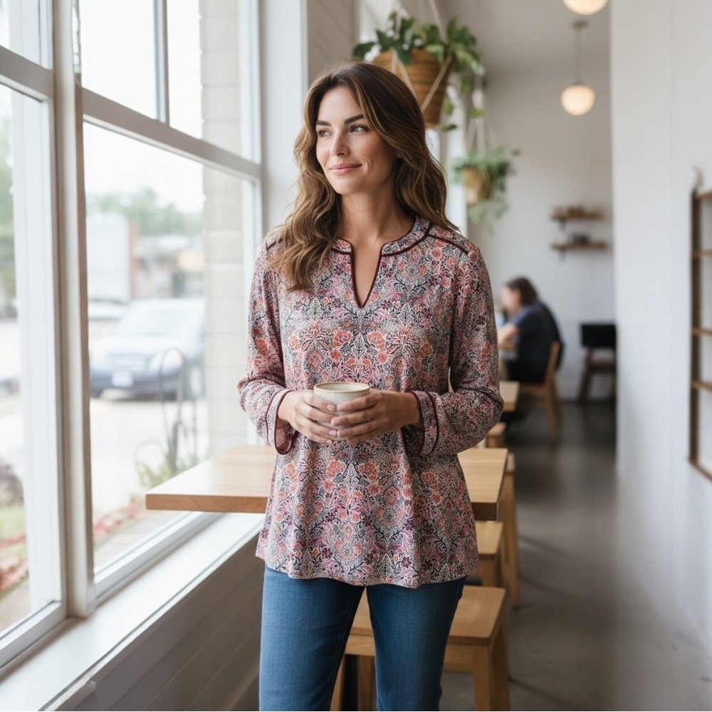 🌸 J. Jill Multicolor Floral Blouse w Velvet Trim | Flowy & Effortless Sz M - Picture 6 of 9